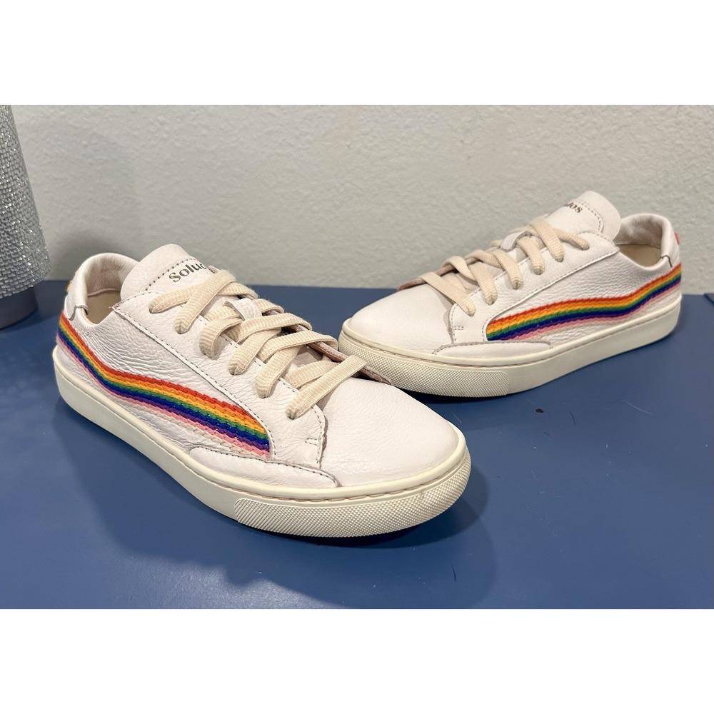 Soludos Embroidered Leather Rainbow Wave Ibiza Sneakers Womens Sz 8 Sunburst